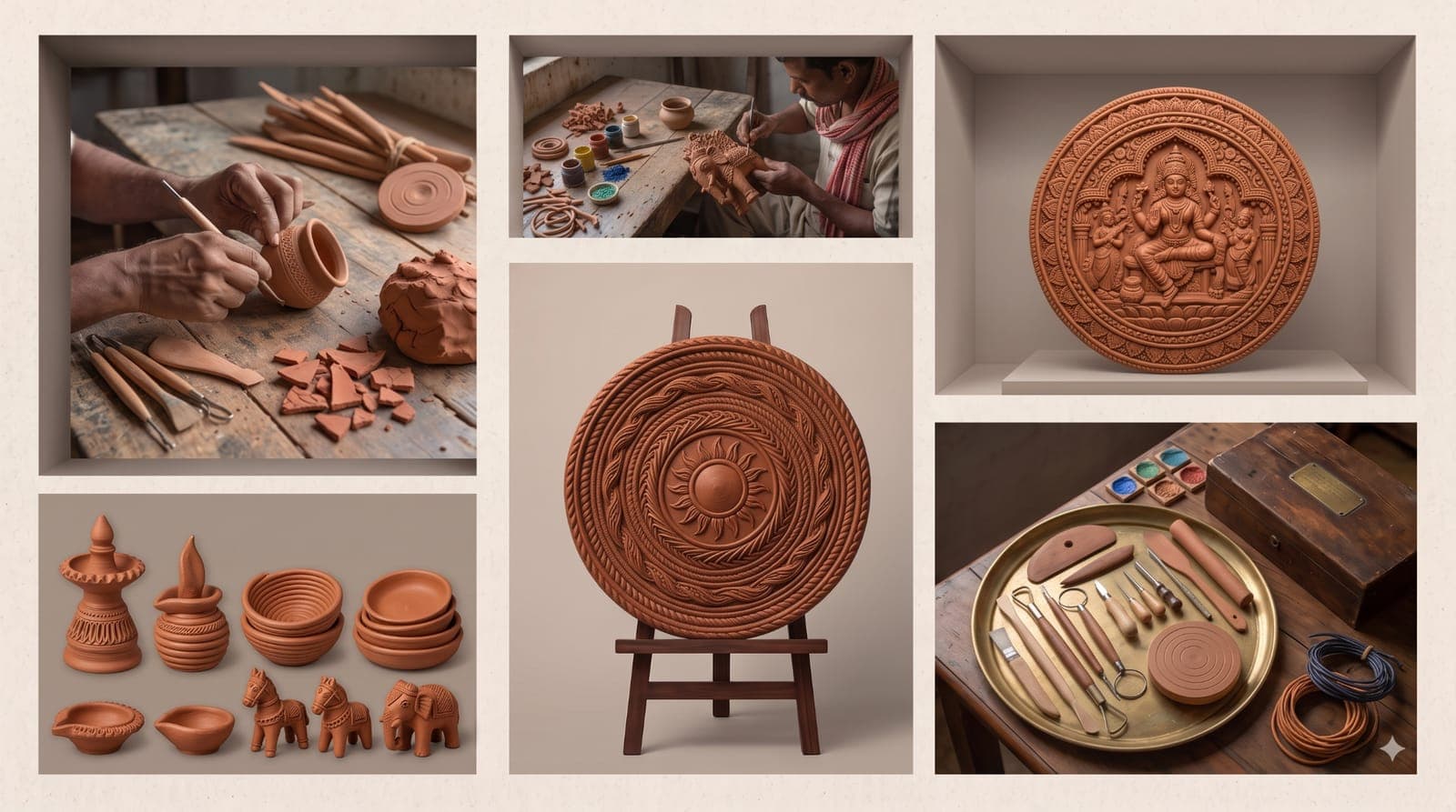 A plate of photographs of terracotta and pottery