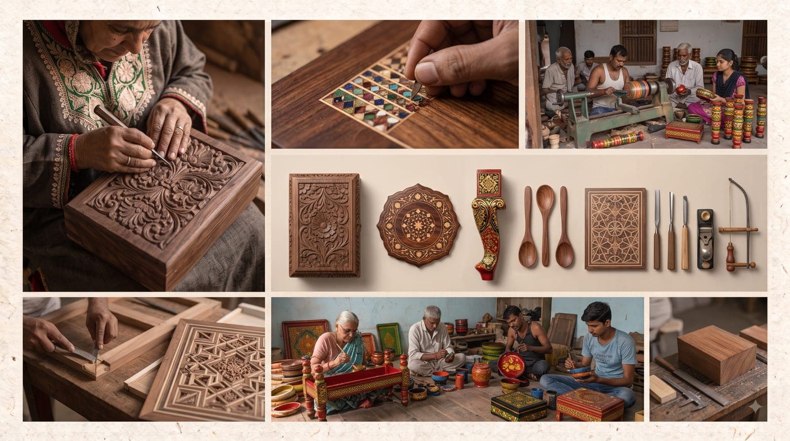 A plate of photographs of wood crafts